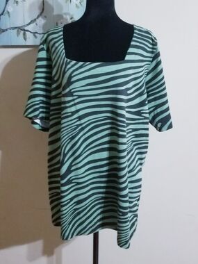 Jessica London Mint and Black Zebra-Stripe Square-Neck Tunic